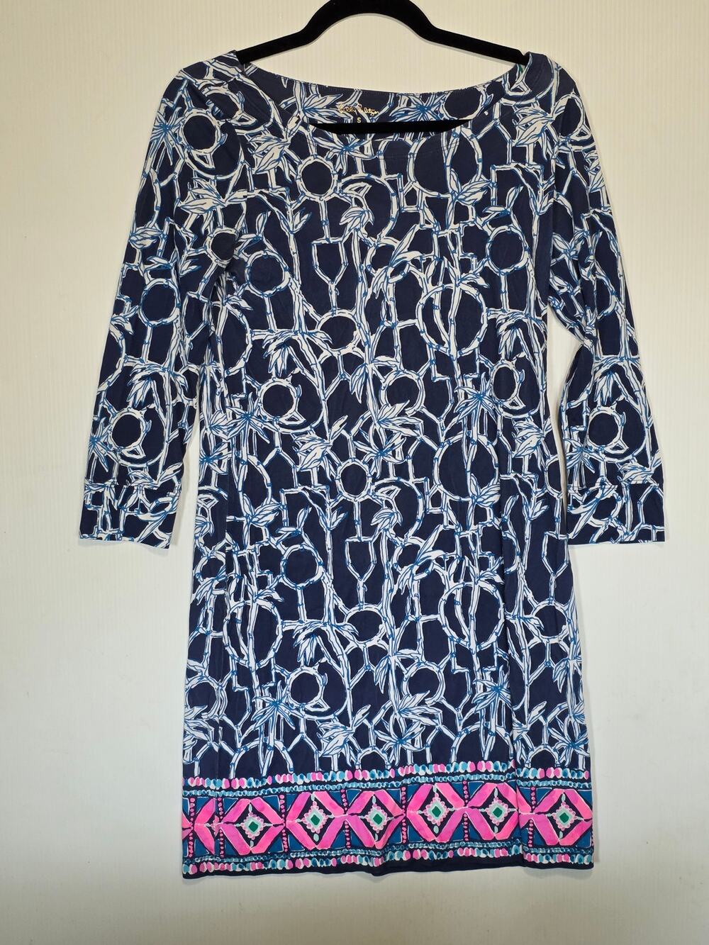 Lilly Pulitzer Pima Cotton Dress Navy Blue Bamboo Print Keyhole Back Size S